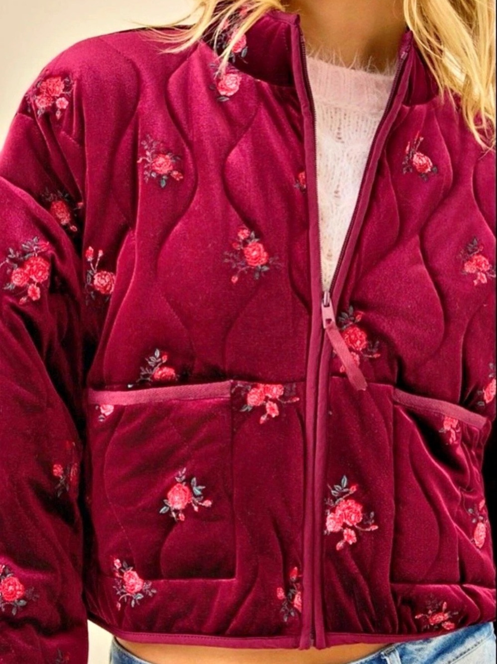 Altar’d State Velvet Floral Quilted Jacket in Burgundy Size XS NWT - Picture 3 of 7